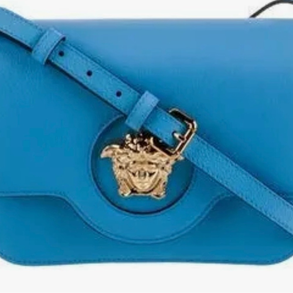 Versace Blue Crossbody Bag with Gold Medusa Accent